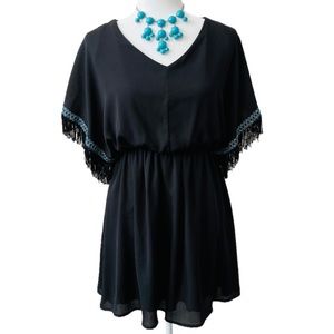 ALYA Black Dress - Magyar Dolman Fringe Sleeves - Made in the USA - Size Medium